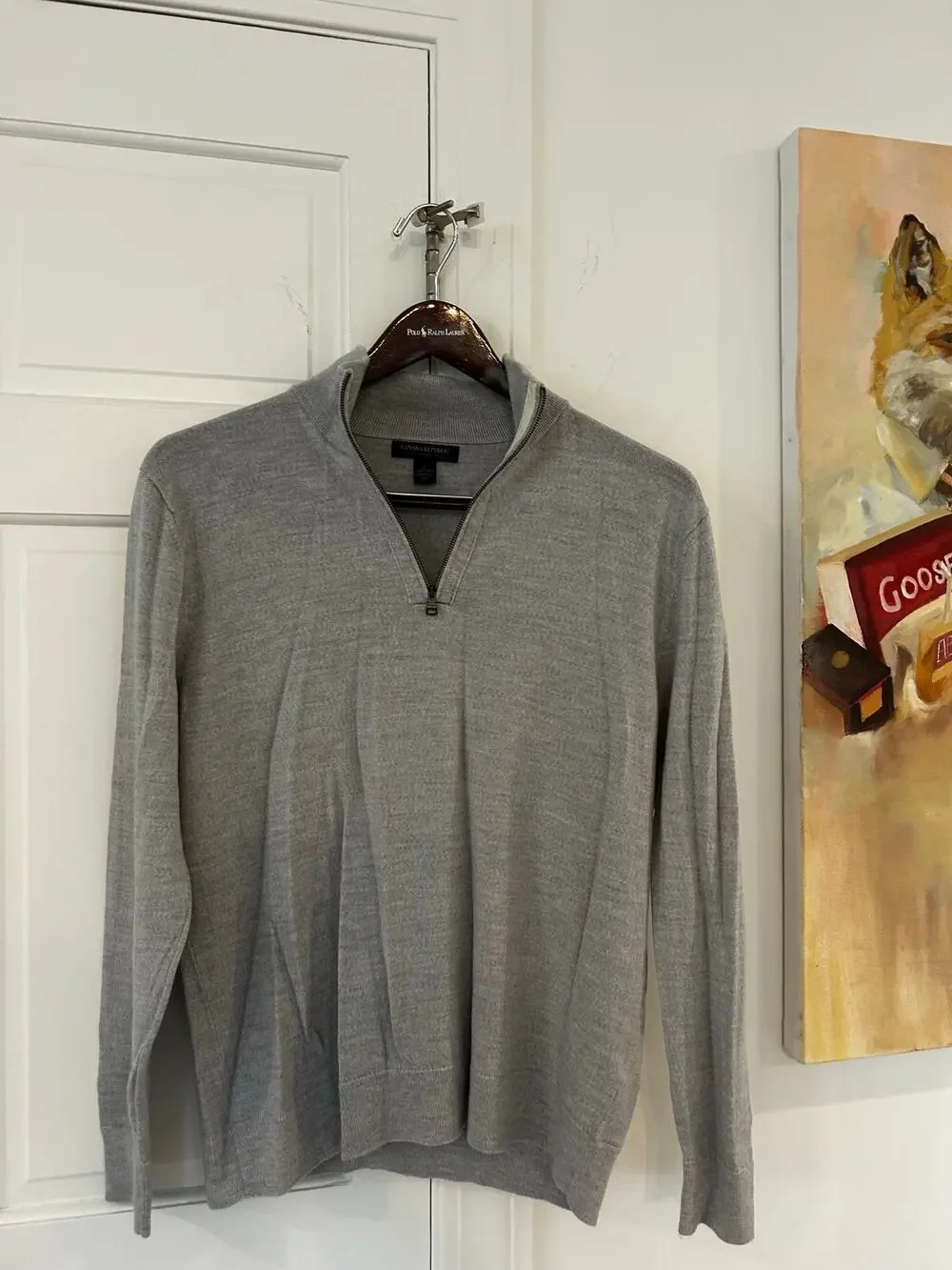 EUC Mens Banana Republic Gray 100% Merino Wool 3/4 Zip Sweater Large MSRP $95